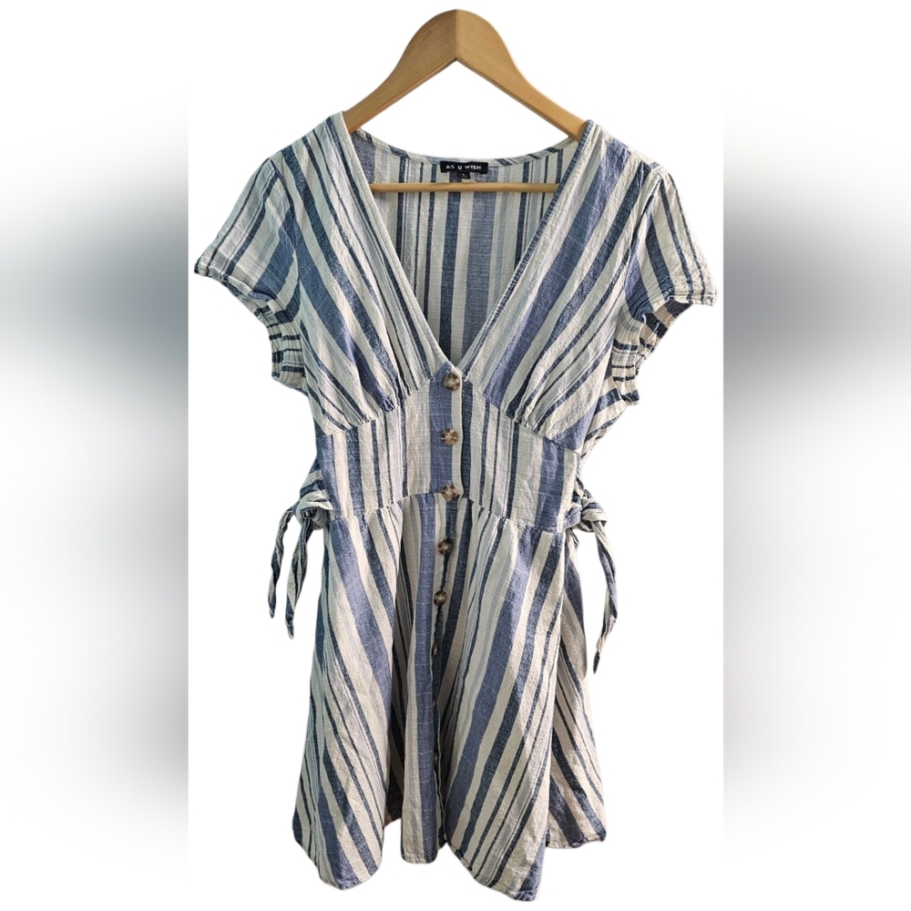 As U Wish - Striped Blue and White Button-Down Mini Dress Ties On Each Side - Picture 1 of 9